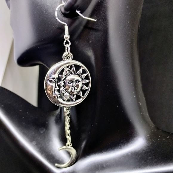 Handmade Silver Dangle Boho Celestial Sun and Moon Feather Chain Earrings - Picture 7 of 7